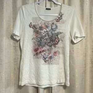 Gerry Weber Lace Front Short Sleeved Shirt White Floral Women's Size 40 (M?)  :)